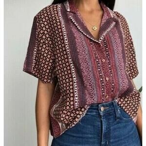 Rachel Zoe 100% Linen Boho Tribal Aztec Boxy Button-Up Shirt Top Size Large NWT